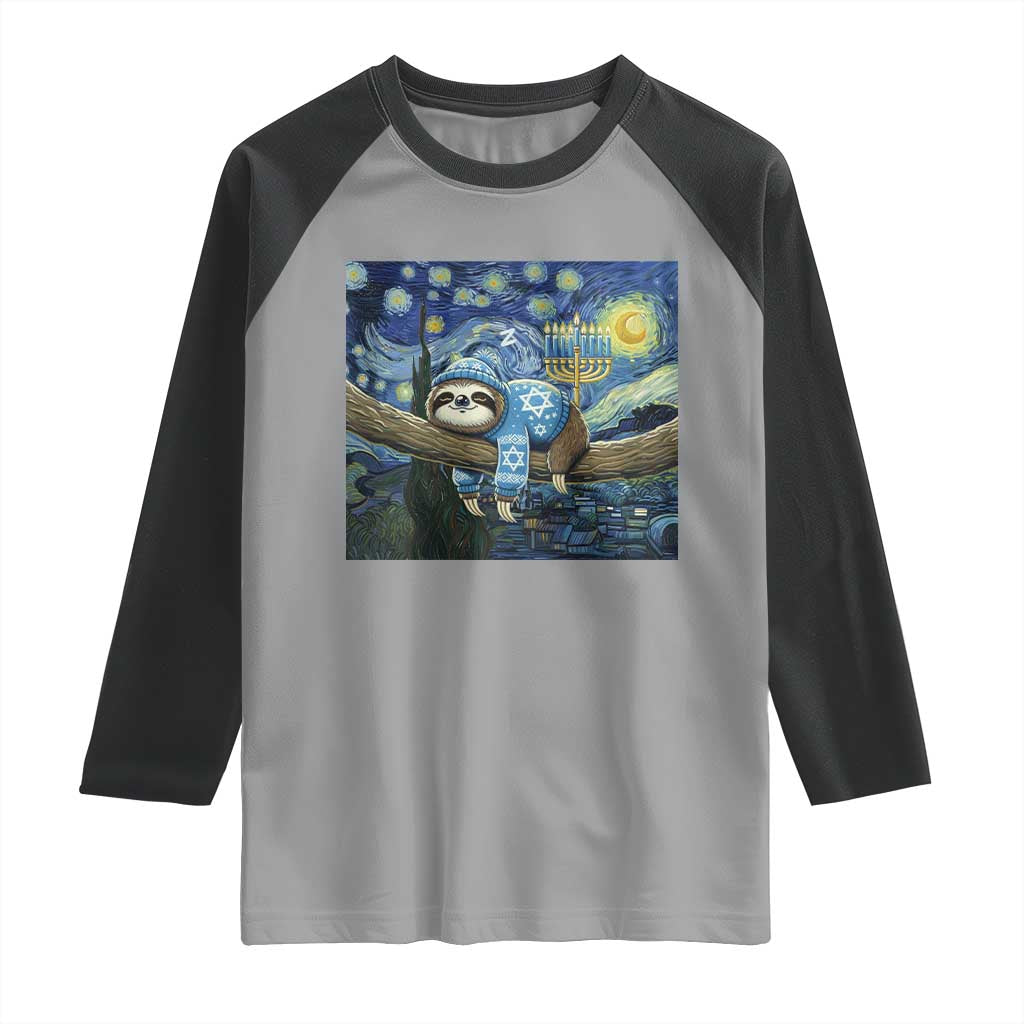 Funny Hanukkah Sloth Raglan Shirt Van Gogh Starry Night Jewish Gift TS12 Sport Gray Black Print Your Wear