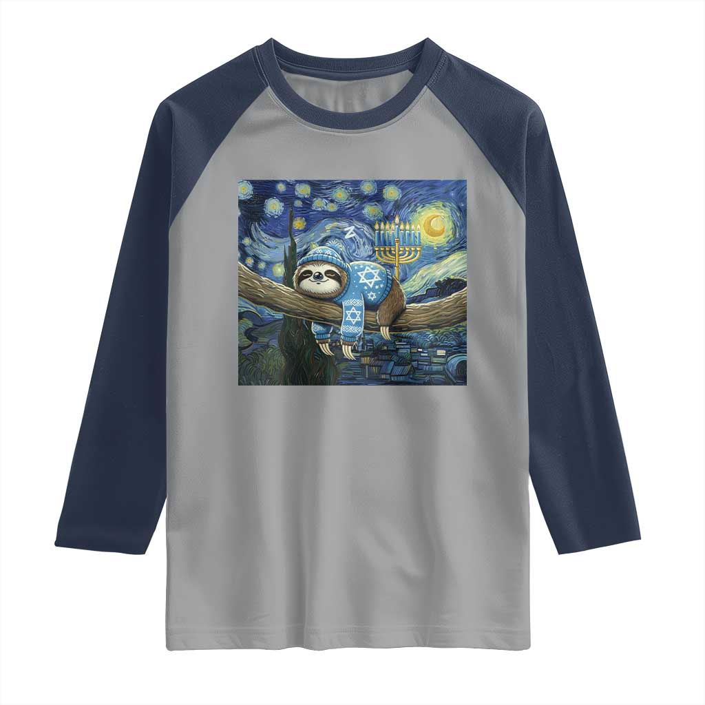Funny Hanukkah Sloth Raglan Shirt Van Gogh Starry Night Jewish Gift TS12 Sport Gray Navy Print Your Wear