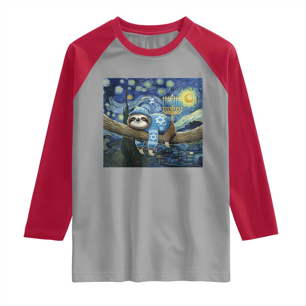 Funny Hanukkah Sloth Raglan Shirt Van Gogh Starry Night Jewish Gift TS12 Sport Gray Red Print Your Wear
