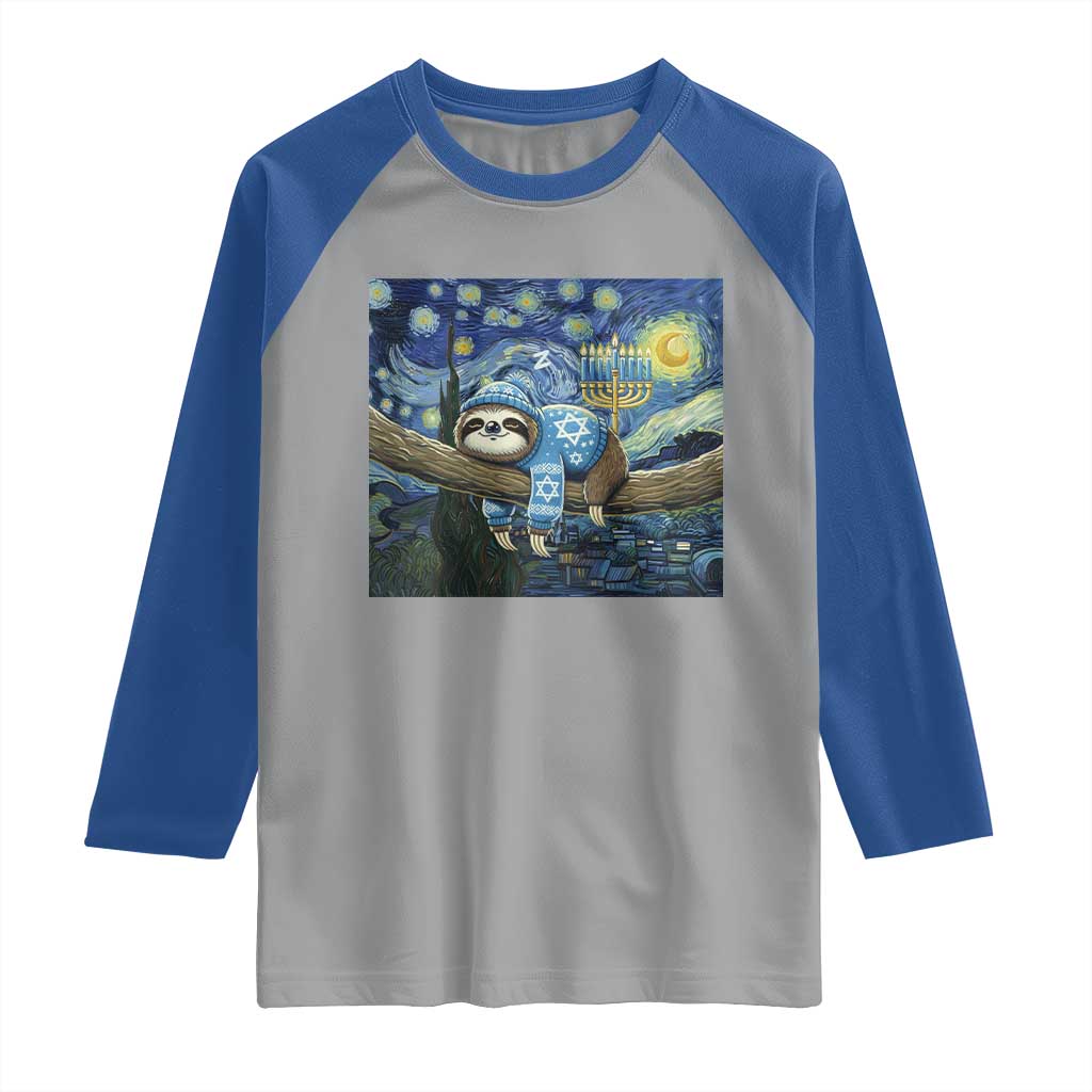 Funny Hanukkah Sloth Raglan Shirt Van Gogh Starry Night Jewish Gift TS12 Sport Gray Royal Print Your Wear