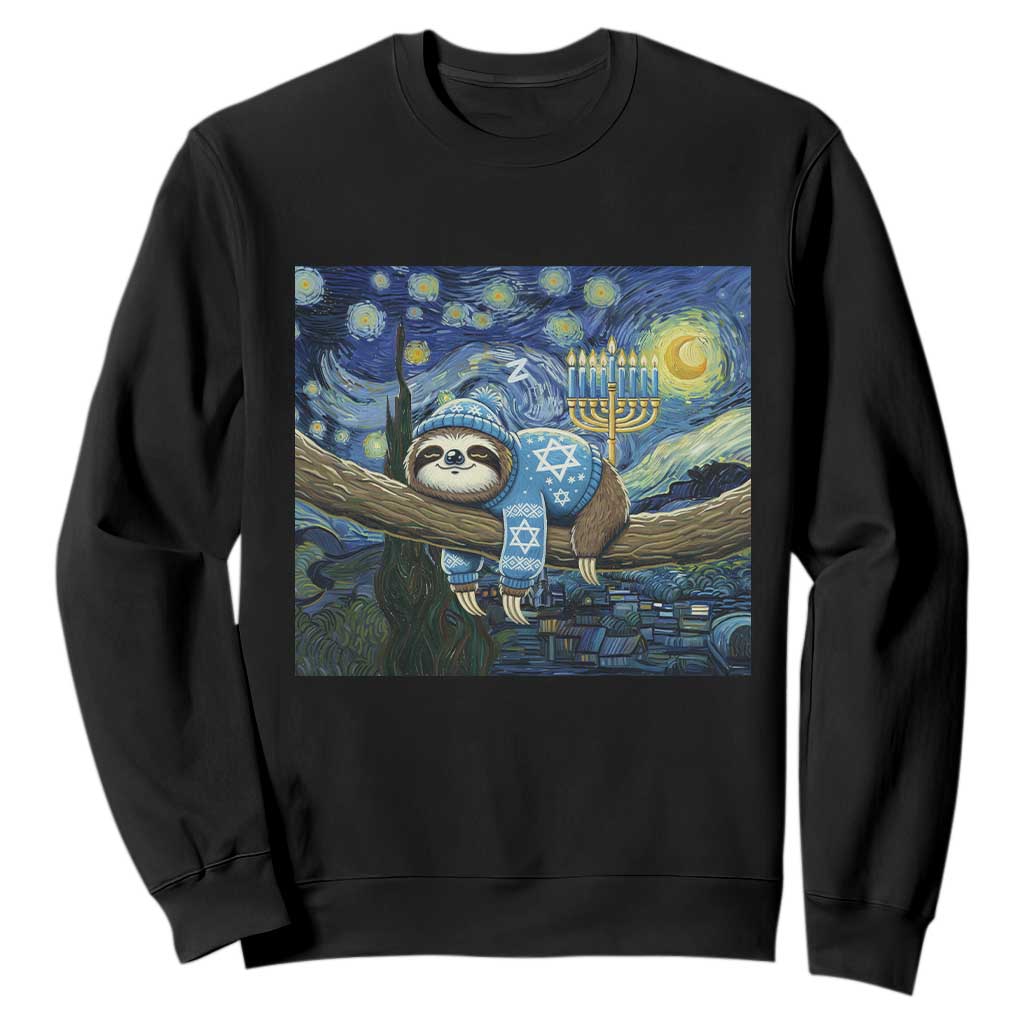 Funny Hanukkah Sloth Sweatshirt Van Gogh Starry Night Jewish Gift TS12 Black Print Your Wear