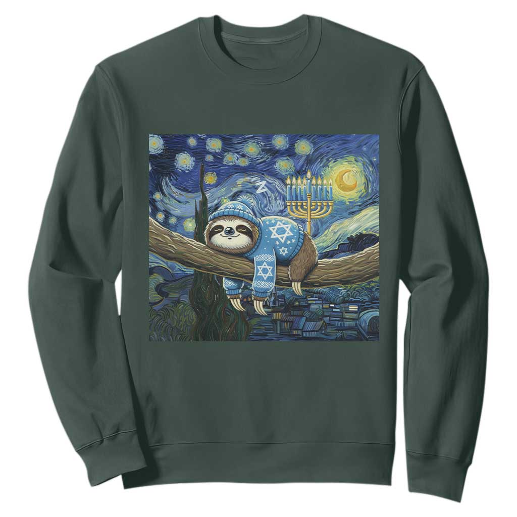 Funny Hanukkah Sloth Sweatshirt Van Gogh Starry Night Jewish Gift TS12 Dark Forest Green Print Your Wear