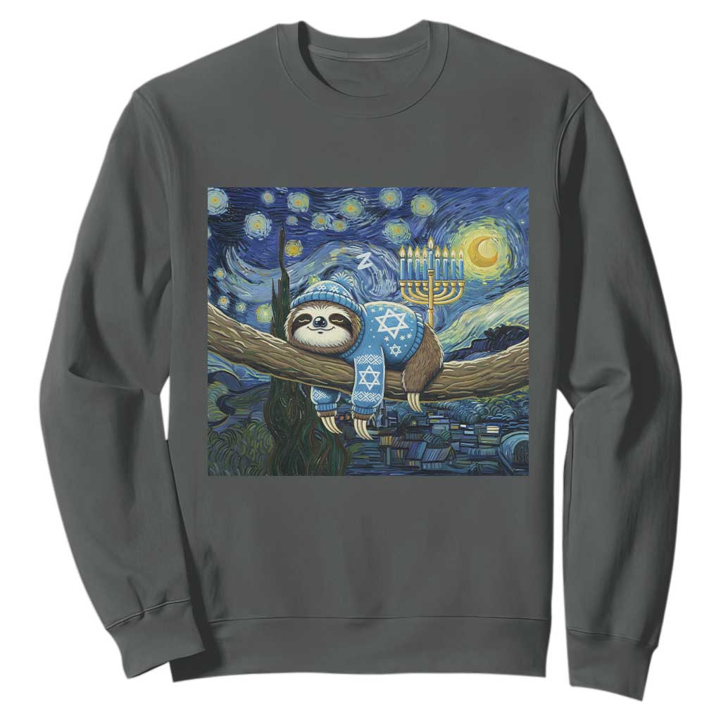 Funny Hanukkah Sloth Sweatshirt Van Gogh Starry Night Jewish Gift TS12 Dark Heather Print Your Wear