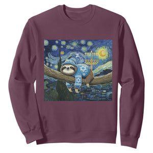 Funny Hanukkah Sloth Sweatshirt Van Gogh Starry Night Jewish Gift TS12 Maroon Print Your Wear
