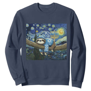 Funny Hanukkah Sloth Sweatshirt Van Gogh Starry Night Jewish Gift TS12 Navy Print Your Wear
