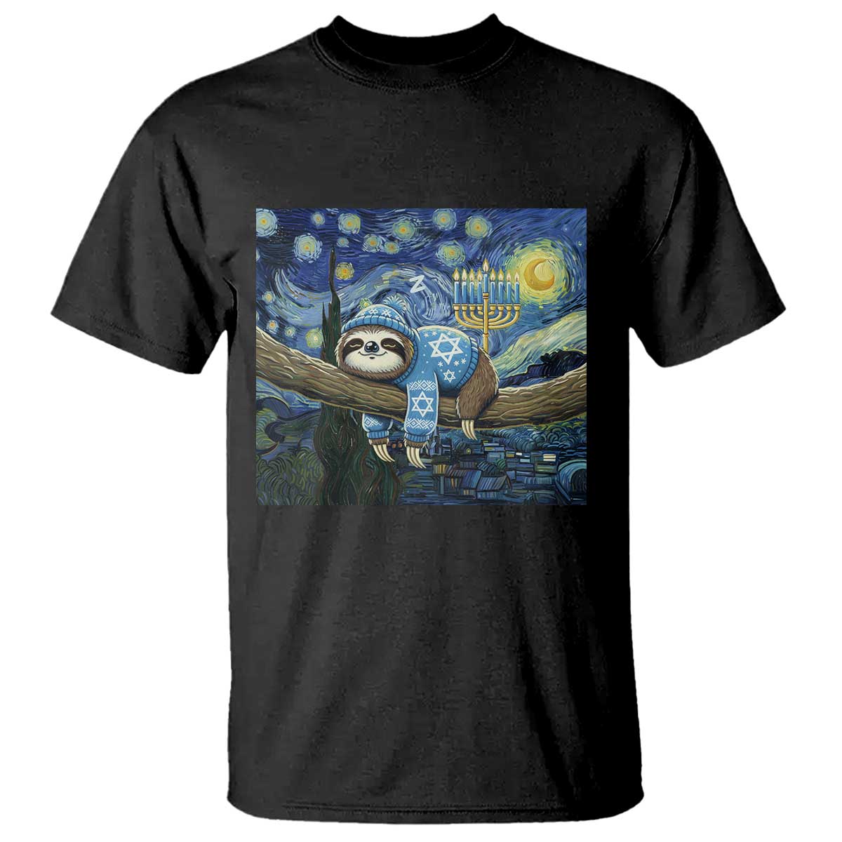 Funny Hanukkah Sloth T Shirt Van Gogh Starry Night Jewish Gift TS12 Black Print Your Wear