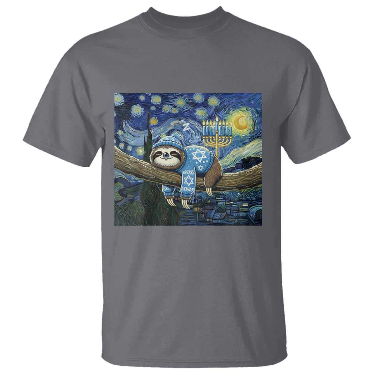Funny Hanukkah Sloth T Shirt Van Gogh Starry Night Jewish Gift TS12 Charcoal Print Your Wear