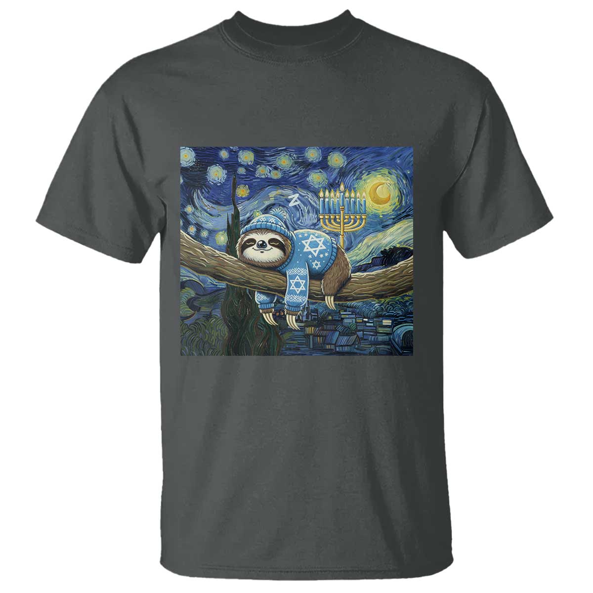 Funny Hanukkah Sloth T Shirt Van Gogh Starry Night Jewish Gift TS12 Dark Heather Print Your Wear