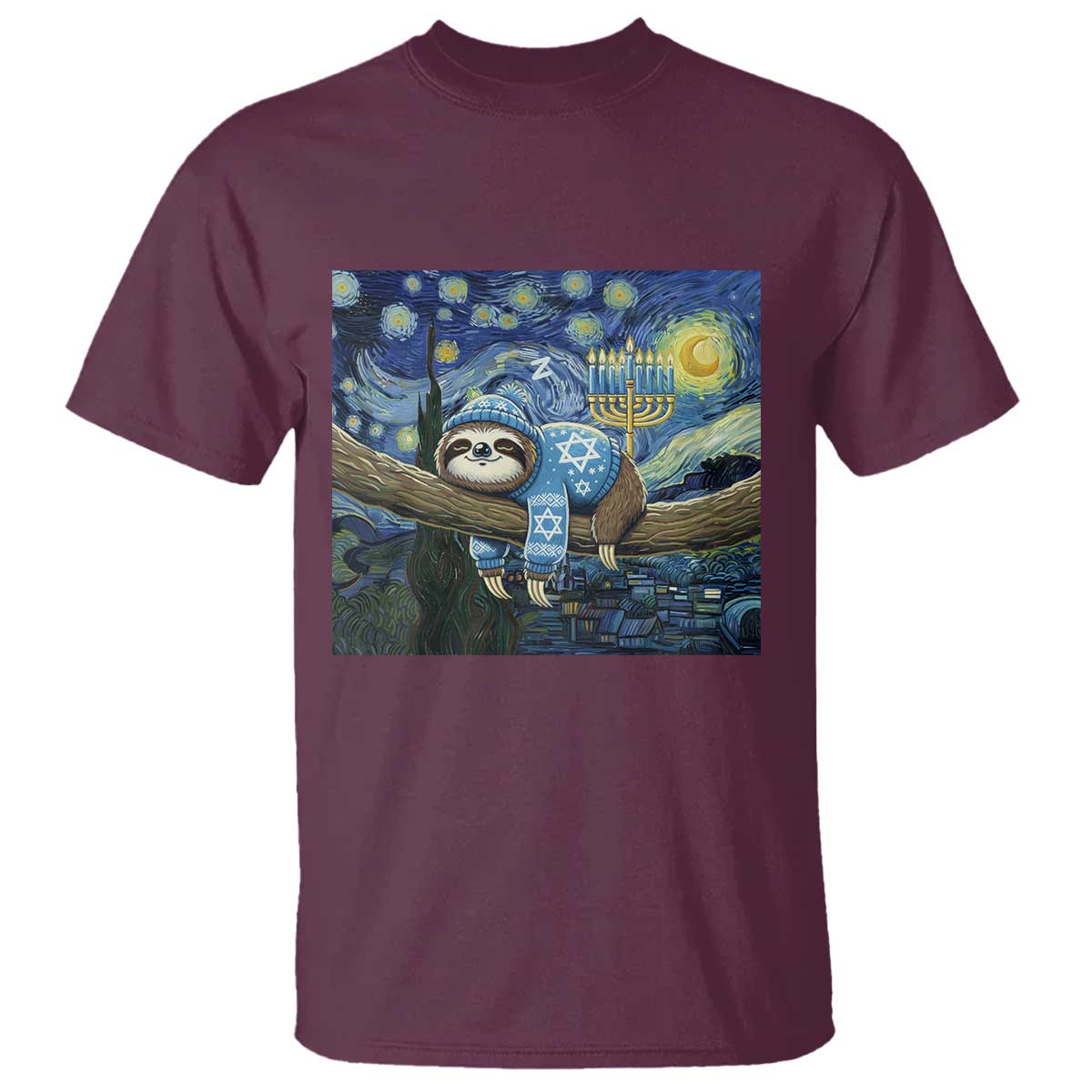 Funny Hanukkah Sloth T Shirt Van Gogh Starry Night Jewish Gift TS12 Maroon Print Your Wear