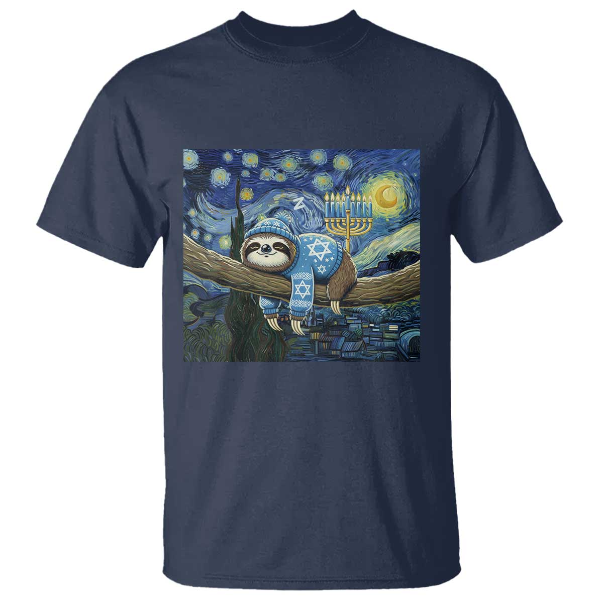 Funny Hanukkah Sloth T Shirt Van Gogh Starry Night Jewish Gift TS12 Navy Print Your Wear
