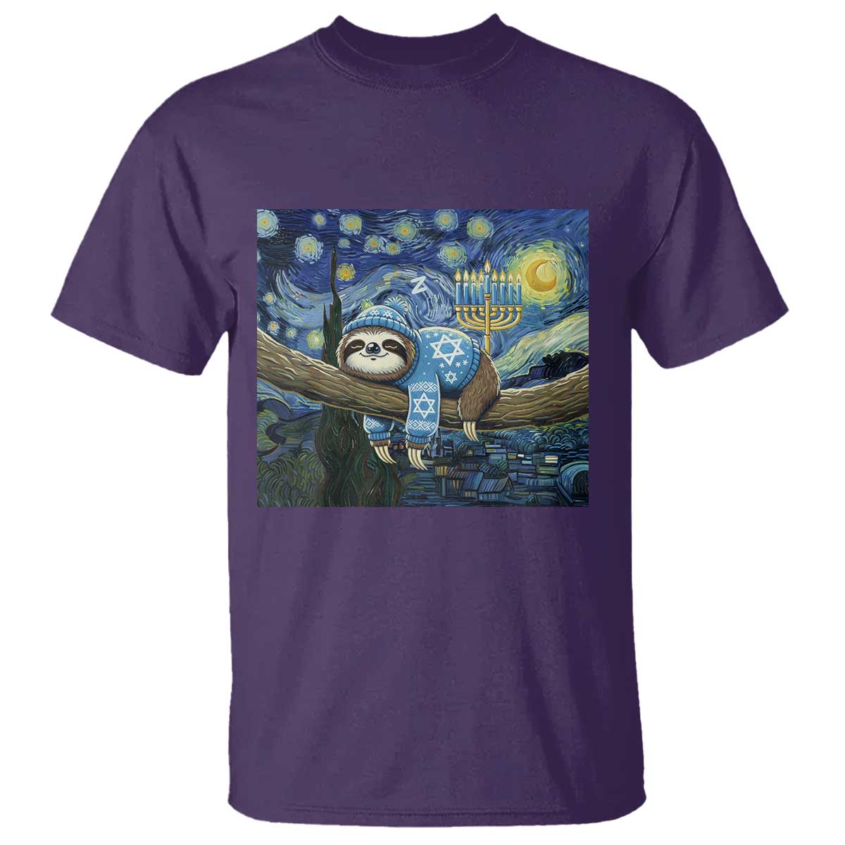 Funny Hanukkah Sloth T Shirt Van Gogh Starry Night Jewish Gift TS12 Purple Print Your Wear