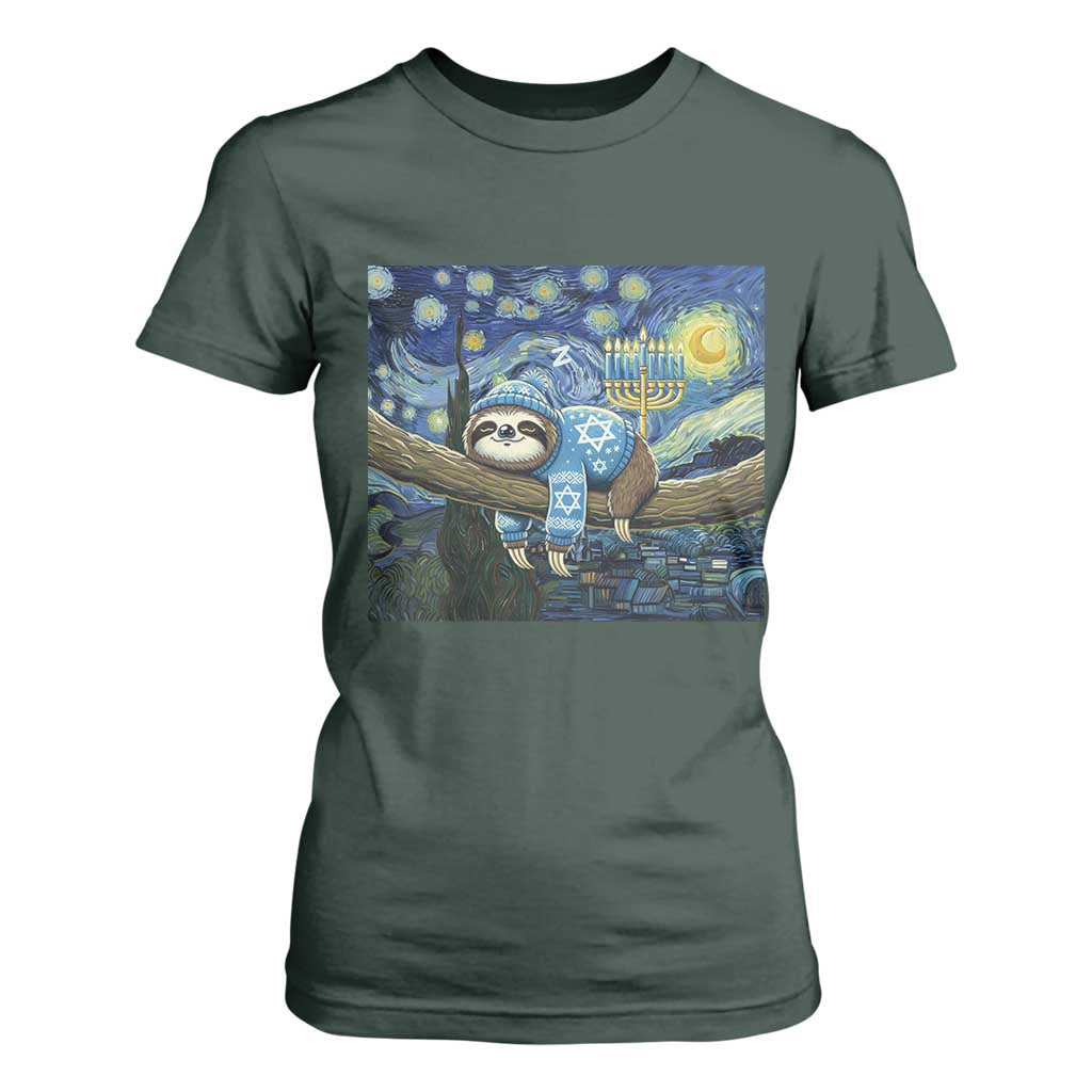 Funny Hanukkah Sloth T Shirt For Women Van Gogh Starry Night Jewish Gift TS12 Dark Forest Green Print Your Wear
