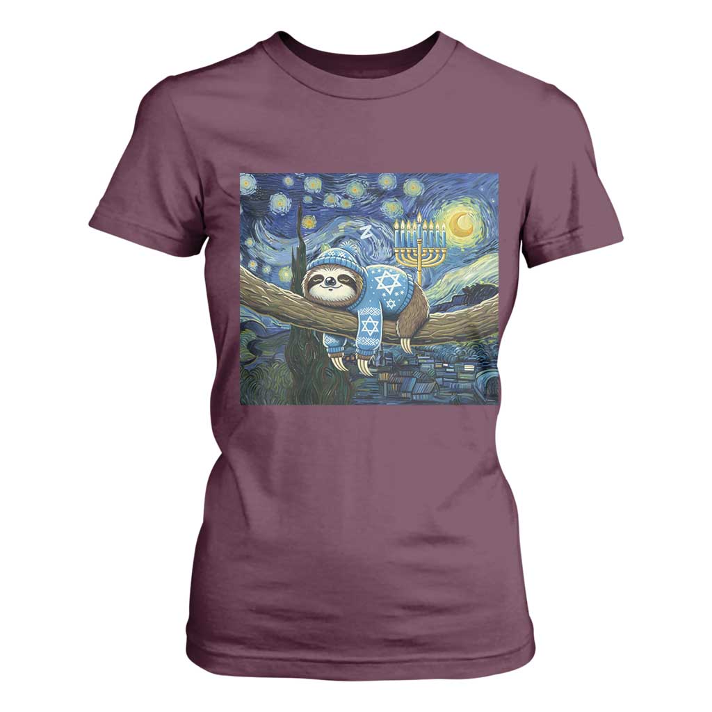 Funny Hanukkah Sloth T Shirt For Women Van Gogh Starry Night Jewish Gift TS12 Maroon Print Your Wear