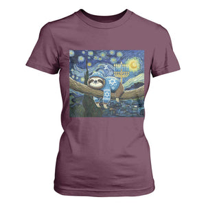 Funny Hanukkah Sloth T Shirt For Women Van Gogh Starry Night Jewish Gift TS12 Maroon Print Your Wear