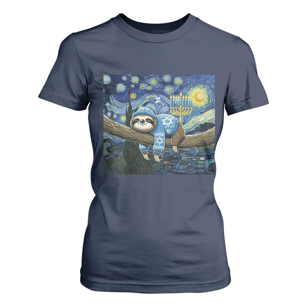 Funny Hanukkah Sloth T Shirt For Women Van Gogh Starry Night Jewish Gift TS12 Navy Print Your Wear
