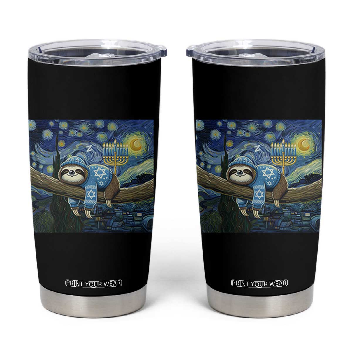Funny Hanukkah Sloth Tumbler Cup Van Gogh Starry Night Jewish Gift TS12 Black Print Your Wear