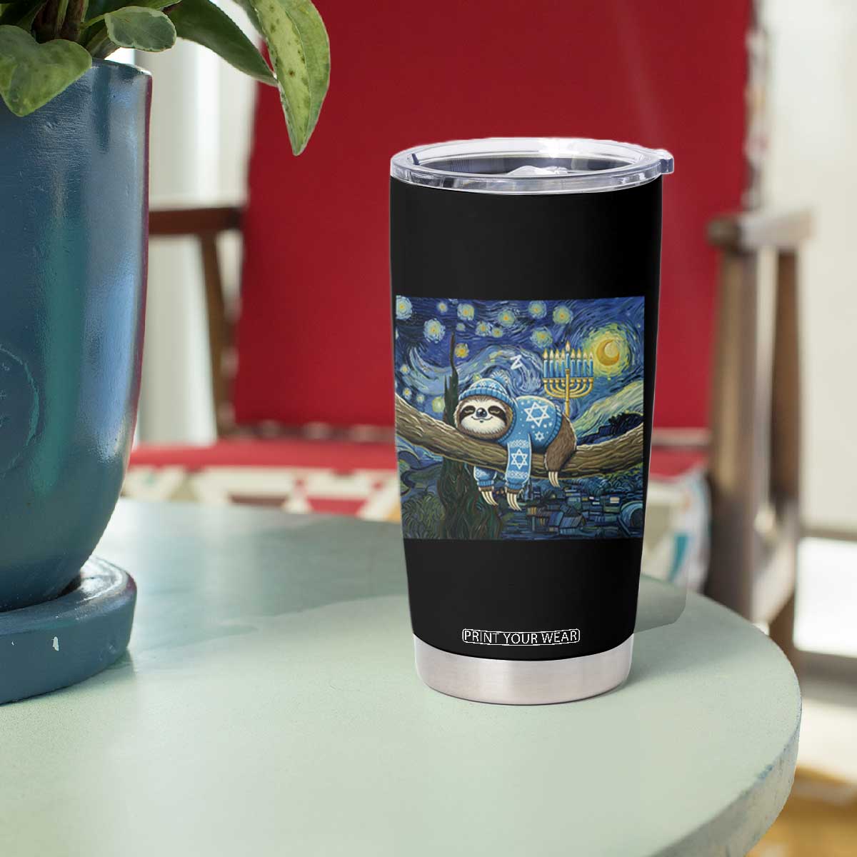Funny Hanukkah Sloth Tumbler Cup Van Gogh Starry Night Jewish Gift TS12 Print Your Wear