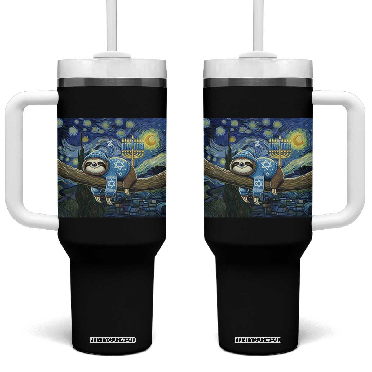 Funny Hanukkah Sloth Tumbler With Handle Van Gogh Starry Night Jewish Gift TS12 One Size: 40 oz Black Print Your Wear