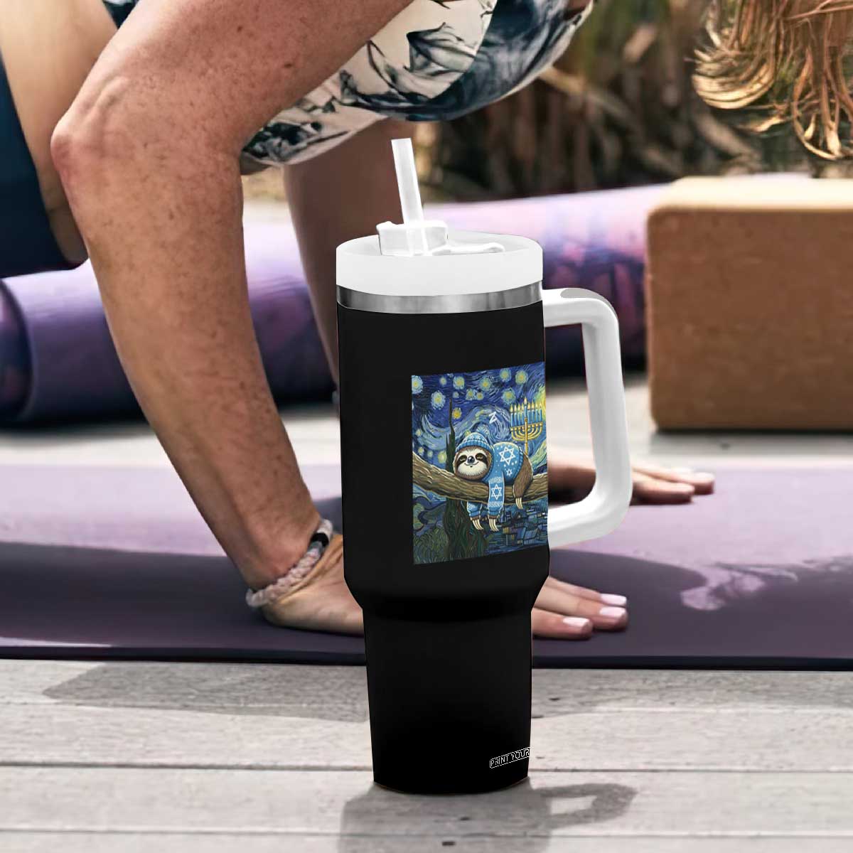 Funny Hanukkah Sloth Tumbler With Handle Van Gogh Starry Night Jewish Gift TS12 Print Your Wear