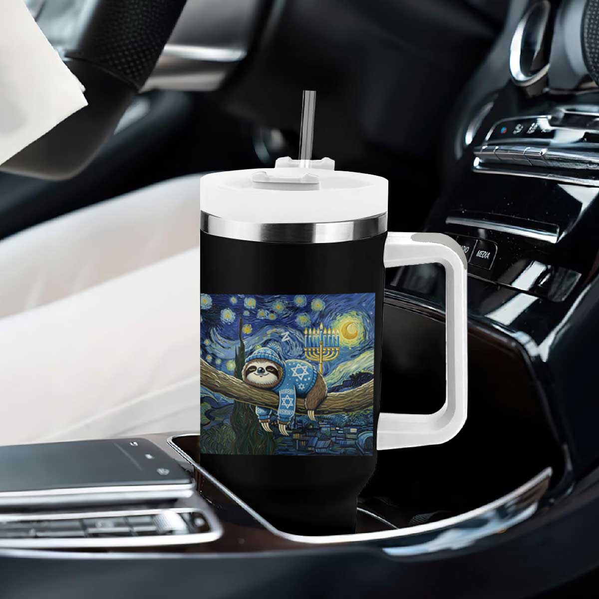 Funny Hanukkah Sloth Tumbler With Handle Van Gogh Starry Night Jewish Gift TS12 Print Your Wear