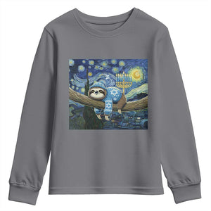 Funny Hanukkah Sloth Youth Sweatshirt Van Gogh Starry Night Jewish Gift TS12 Charcoal Print Your Wear