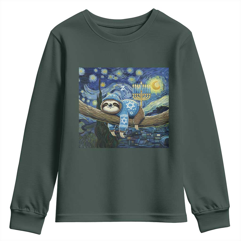 Funny Hanukkah Sloth Youth Sweatshirt Van Gogh Starry Night Jewish Gift TS12 Dark Forest Green Print Your Wear