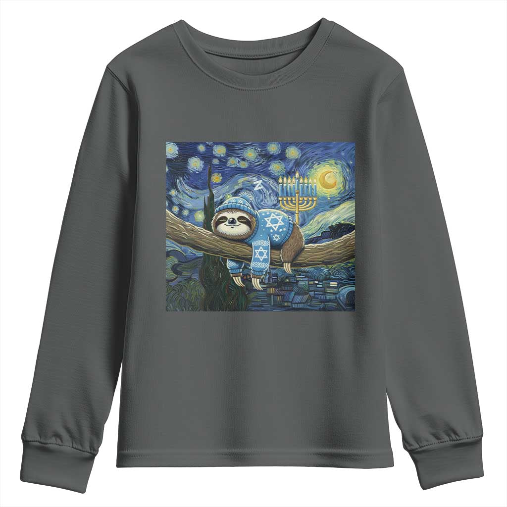 Funny Hanukkah Sloth Youth Sweatshirt Van Gogh Starry Night Jewish Gift TS12 Dark Heather Print Your Wear