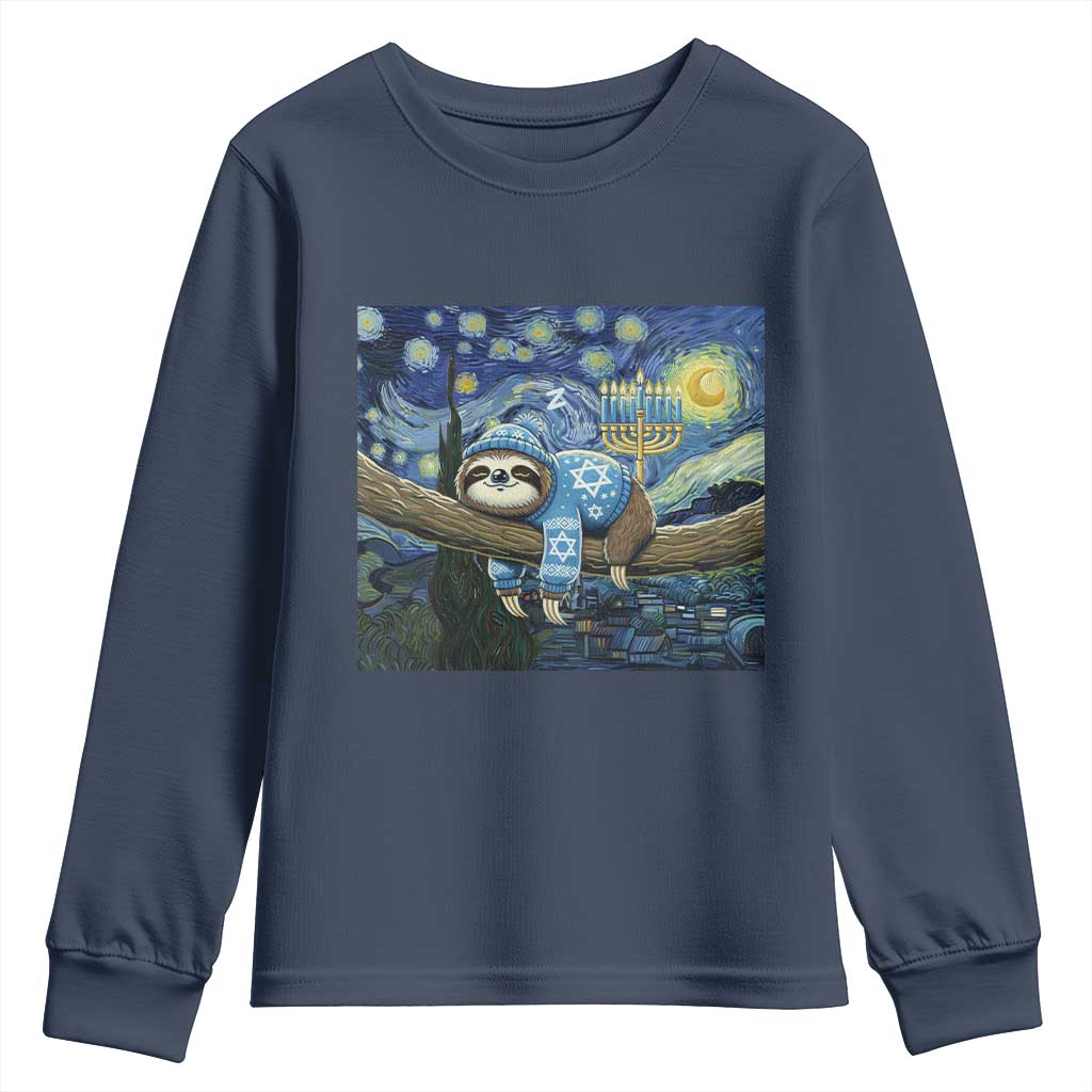 Funny Hanukkah Sloth Youth Sweatshirt Van Gogh Starry Night Jewish Gift TS12 Navy Print Your Wear