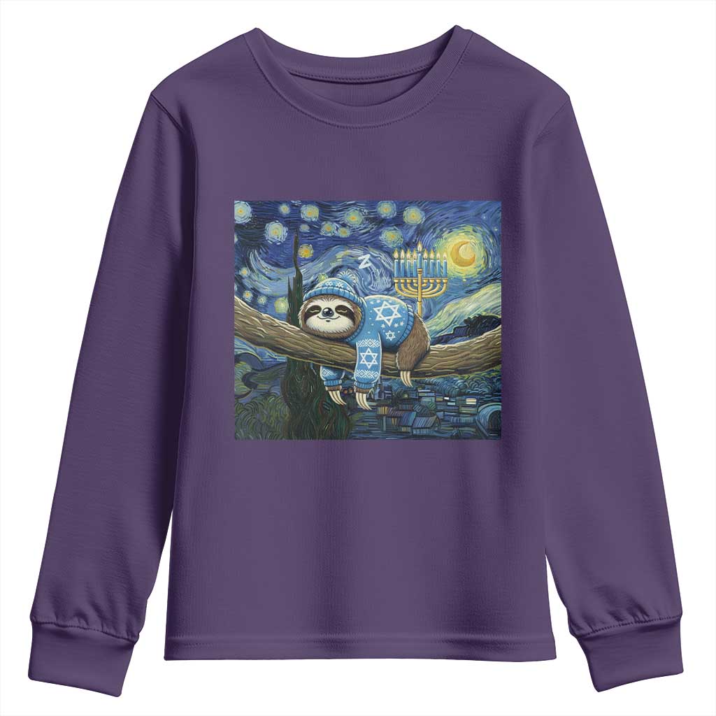 Funny Hanukkah Sloth Youth Sweatshirt Van Gogh Starry Night Jewish Gift TS12 Purple Print Your Wear