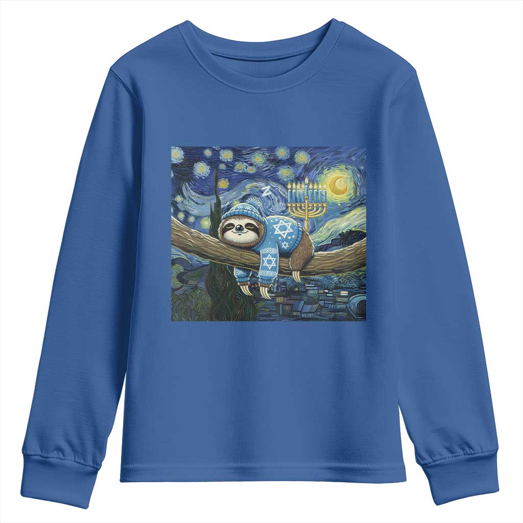 Funny Hanukkah Sloth Youth Sweatshirt Van Gogh Starry Night Jewish Gift TS12 Royal Blue Print Your Wear