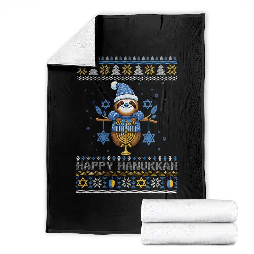 Happy Hanukkah Ugly Sweater Throw Blanket Funny Sloth Carrying Menorah Jewish Gift TS12 Black Print Your Wear