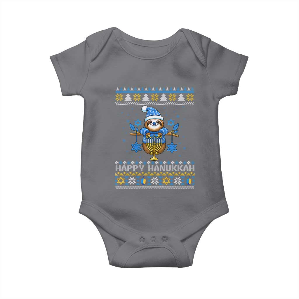 Happy Hanukkah Ugly Sweater Baby Onesie Funny Sloth Carrying Menorah Jewish Gift TS12 Charcoal Print Your Wear