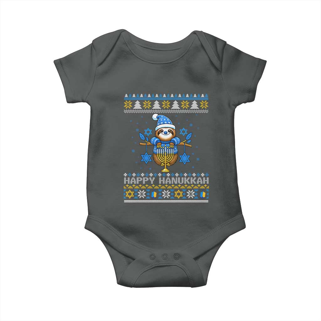 Happy Hanukkah Ugly Sweater Baby Onesie Funny Sloth Carrying Menorah Jewish Gift TS12 Dark Heather Print Your Wear