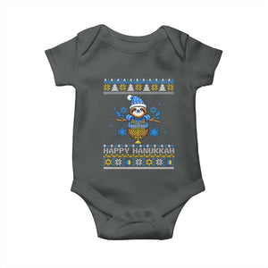 Happy Hanukkah Ugly Sweater Baby Onesie Funny Sloth Carrying Menorah Jewish Gift TS12 Dark Heather Print Your Wear