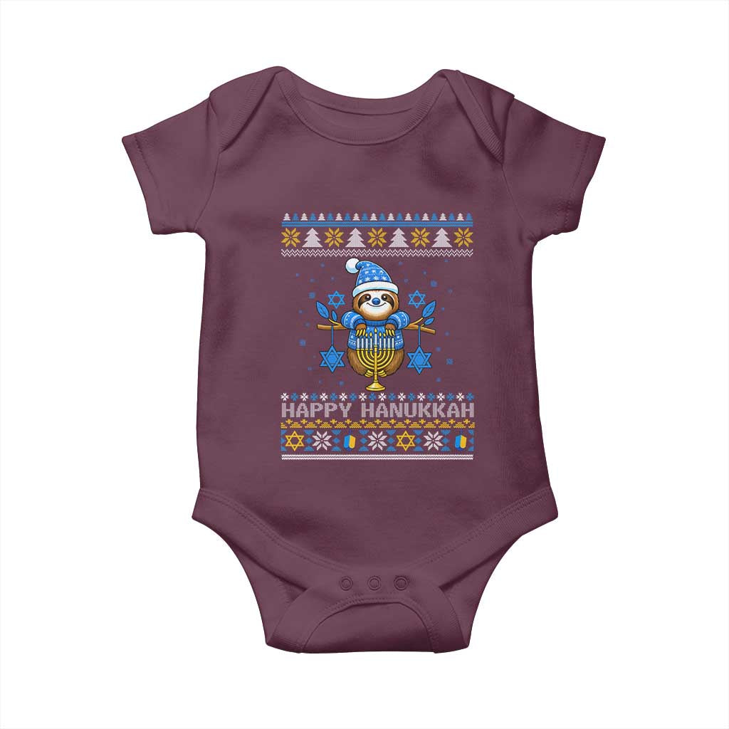 Happy Hanukkah Ugly Sweater Baby Onesie Funny Sloth Carrying Menorah Jewish Gift TS12 Maroon Print Your Wear