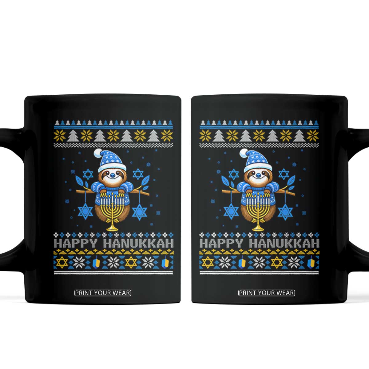 Happy Hanukkah Ugly Sweater Coffee Mug Funny Sloth Carrying Menorah Jewish Gift TS12 Black Print Your Wear
