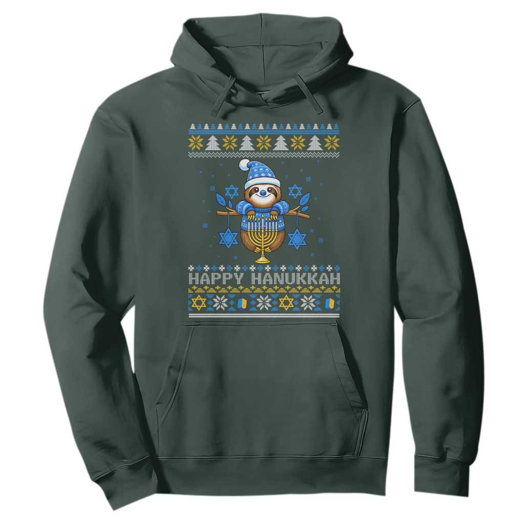Happy Hanukkah Ugly Sweater Hoodie Funny Sloth Carrying Menorah Jewish Gift TS12 Dark Forest Green Print Your Wear