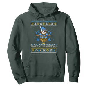 Happy Hanukkah Ugly Sweater Hoodie Funny Sloth Carrying Menorah Jewish Gift TS12 Dark Forest Green Print Your Wear
