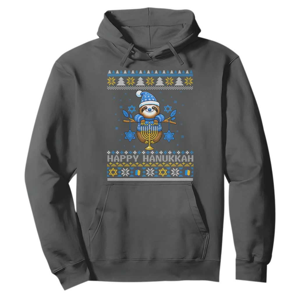Happy Hanukkah Ugly Sweater Hoodie Funny Sloth Carrying Menorah Jewish Gift TS12 Dark Heather Print Your Wear