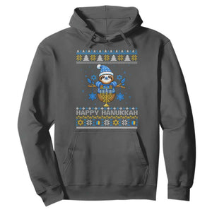 Happy Hanukkah Ugly Sweater Hoodie Funny Sloth Carrying Menorah Jewish Gift TS12 Dark Heather Print Your Wear