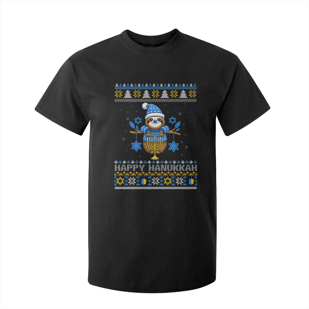 Happy Hanukkah Ugly Sweater T Shirt For Kid Funny Sloth Carrying Menorah Jewish Gift TS12 Black Print Your Wear
