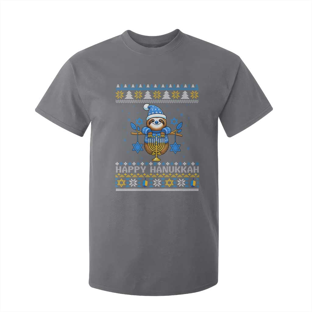 Happy Hanukkah Ugly Sweater T Shirt For Kid Funny Sloth Carrying Menorah Jewish Gift TS12 Charcoal Print Your Wear