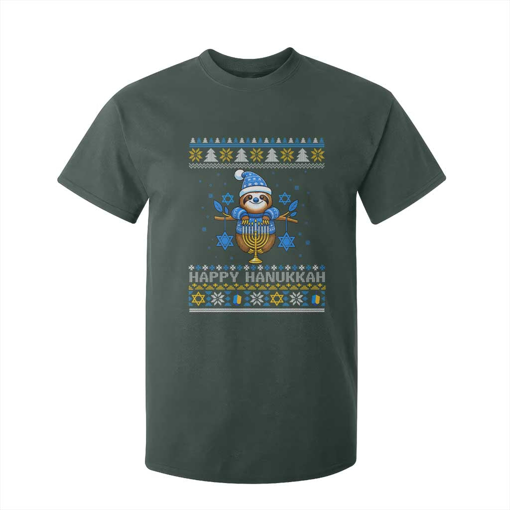 Happy Hanukkah Ugly Sweater T Shirt For Kid Funny Sloth Carrying Menorah Jewish Gift TS12 Dark Forest Green Print Your Wear