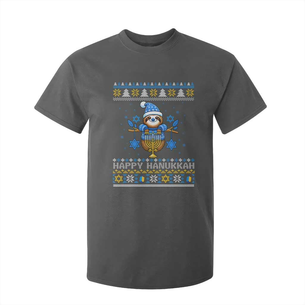 Happy Hanukkah Ugly Sweater T Shirt For Kid Funny Sloth Carrying Menorah Jewish Gift TS12 Dark Heather Print Your Wear