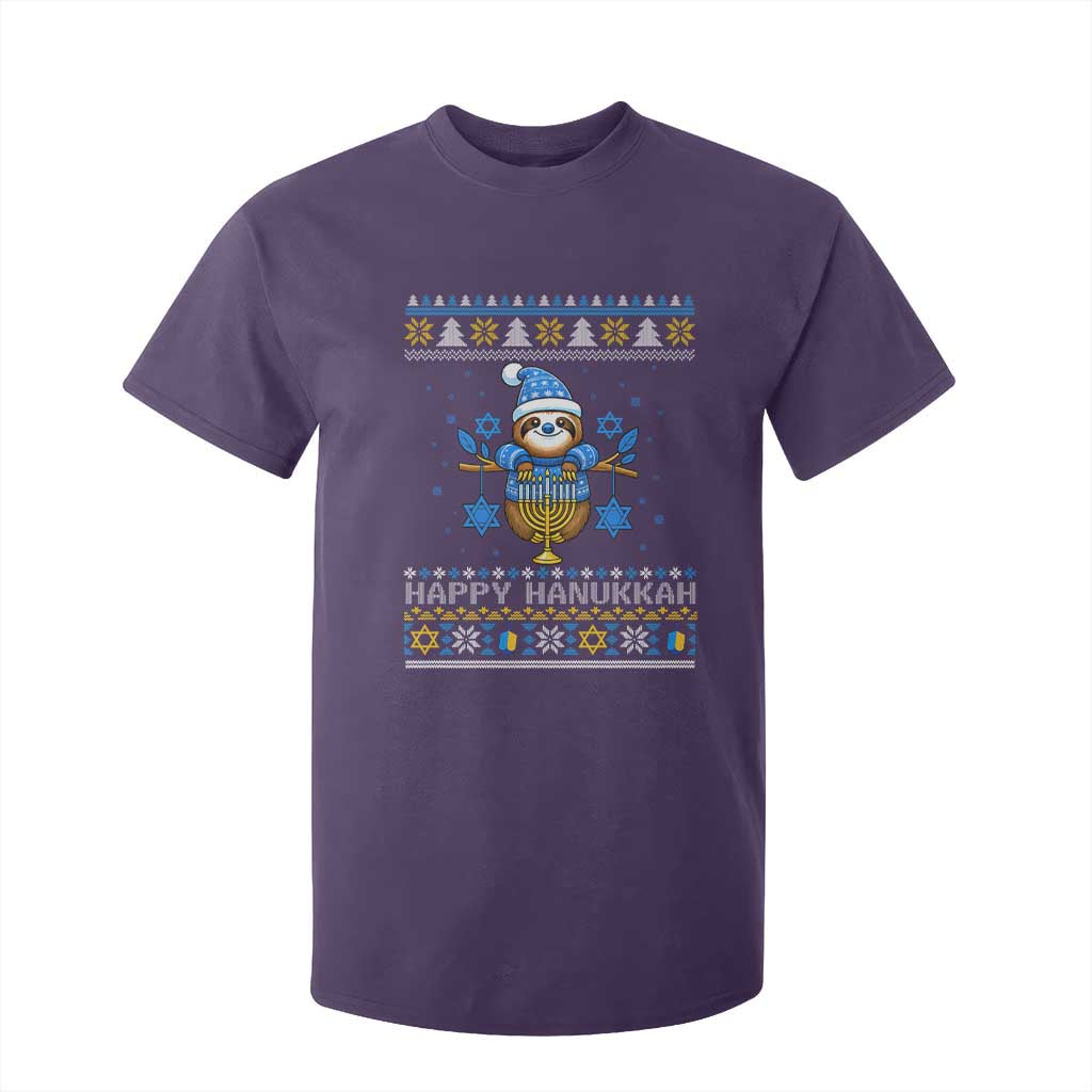 Happy Hanukkah Ugly Sweater T Shirt For Kid Funny Sloth Carrying Menorah Jewish Gift TS12 Purple Print Your Wear
