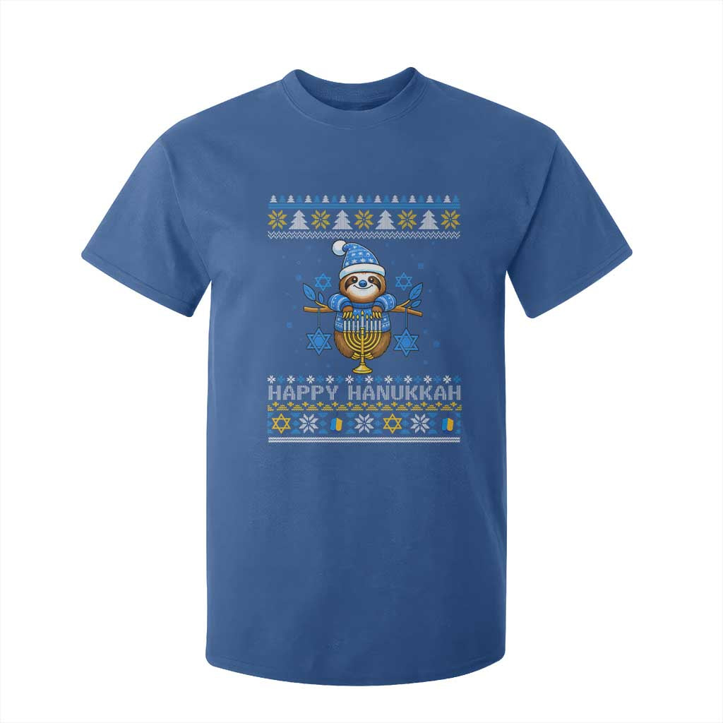 Happy Hanukkah Ugly Sweater T Shirt For Kid Funny Sloth Carrying Menorah Jewish Gift TS12 Royal Blue Print Your Wear