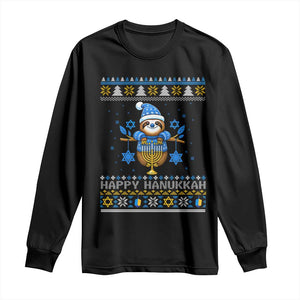 Happy Hanukkah Ugly Sweater Long Sleeve Shirt Funny Sloth Carrying Menorah Jewish Gift TS12 Black Print Your Wear