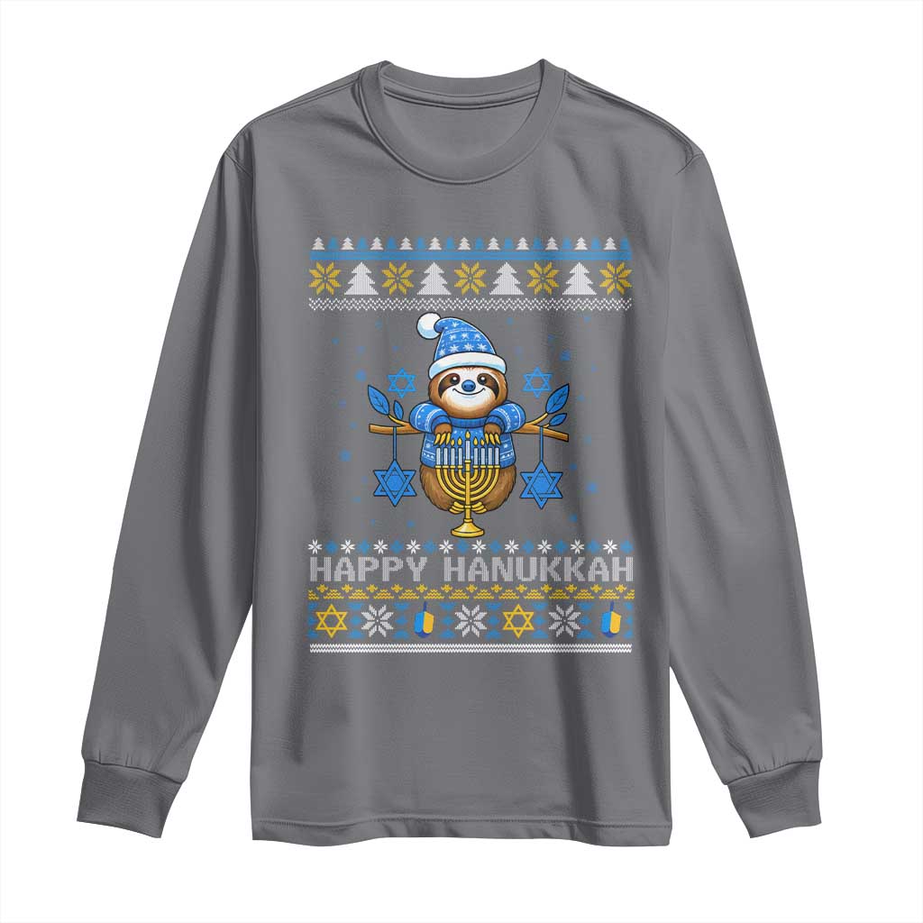 Happy Hanukkah Ugly Sweater Long Sleeve Shirt Funny Sloth Carrying Menorah Jewish Gift TS12 Charcoal Print Your Wear