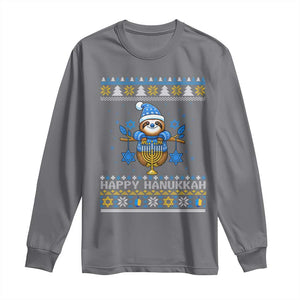 Happy Hanukkah Ugly Sweater Long Sleeve Shirt Funny Sloth Carrying Menorah Jewish Gift TS12 Charcoal Print Your Wear