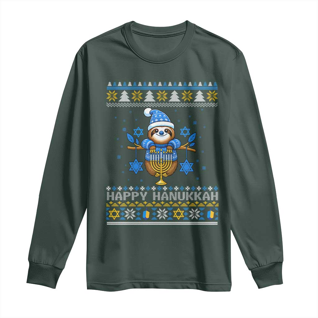 Happy Hanukkah Ugly Sweater Long Sleeve Shirt Funny Sloth Carrying Menorah Jewish Gift TS12 Dark Forest Green Print Your Wear